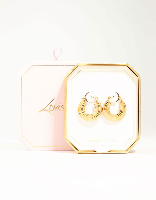 Waterproof Gold Plated Stainless Steel Wide Line Textured Hoop Earrings