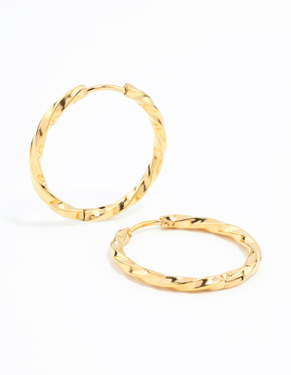 Featuring waterproof gold plated stainless steel twisted hoop earrings front view