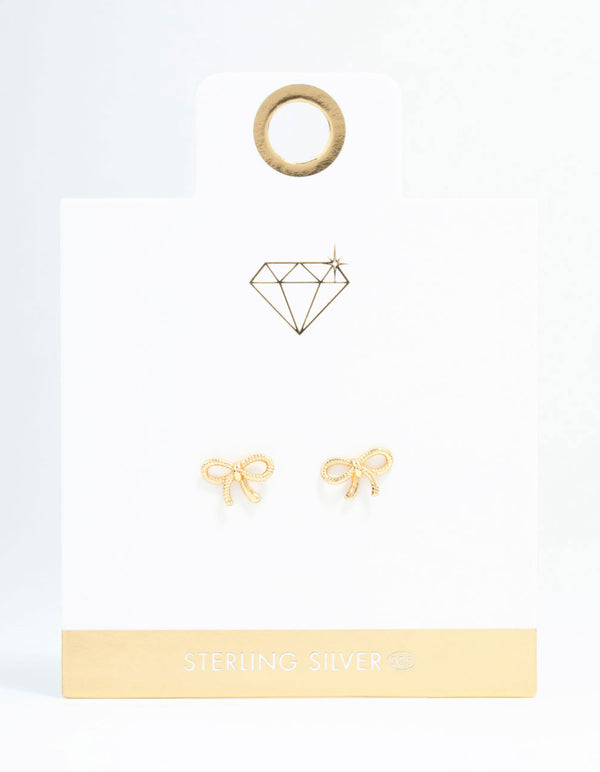 Gold Plated Sterling Silver Textured Bow Stud Earrings