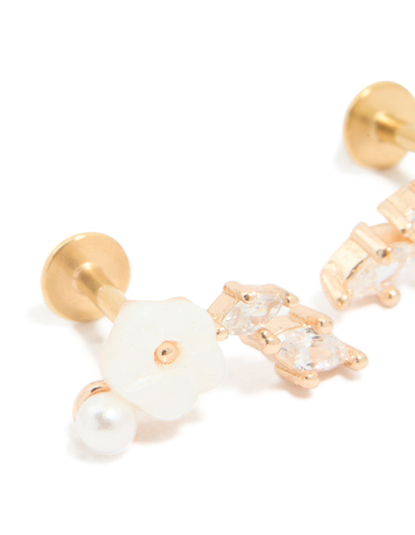 Gold Plated Surgical Flower Crawler Flat Back Studs