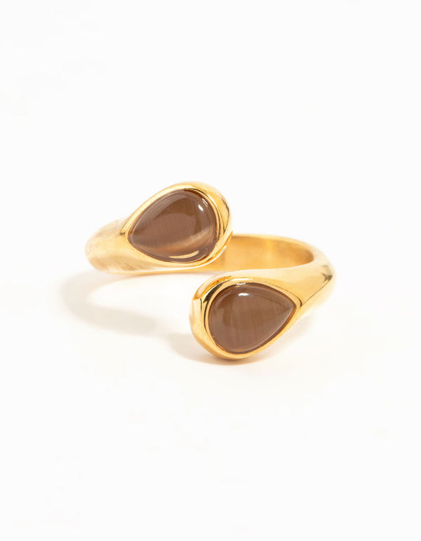 Featuring a waterproof gold plated stainless steel double pear stone ring close up view