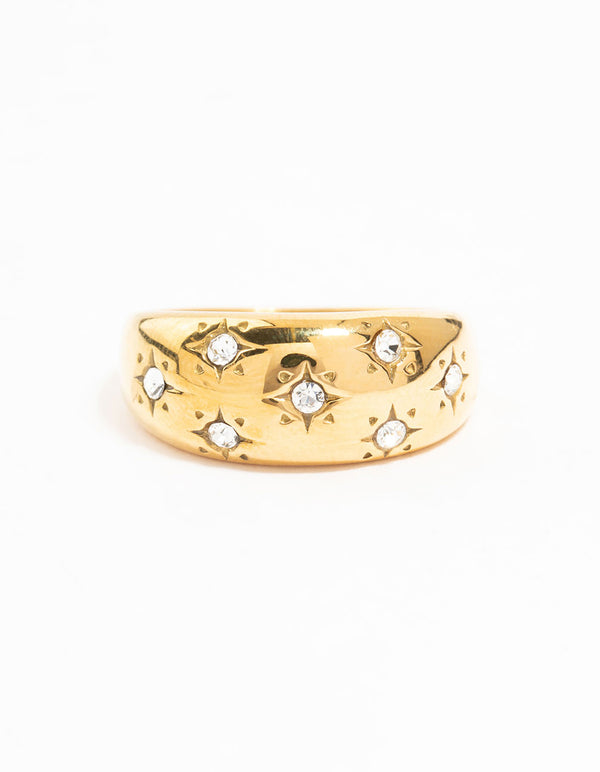 Waterproof Gold Plated Stainless Steel Diamante Scatter Band Ring