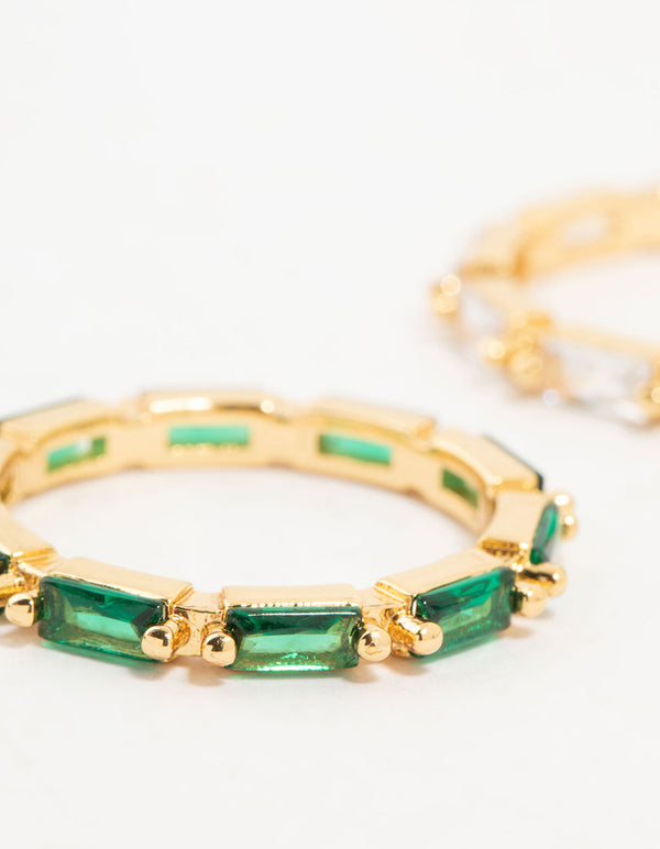 Gold Plated Green & Silver Baguette Stacking Rings 2-Pack