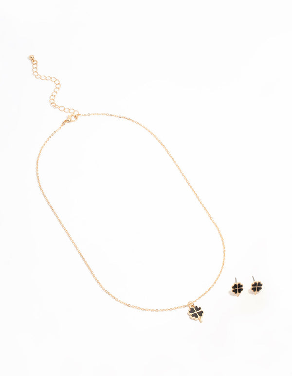 Gold Mini Black Clover Necklace & Earrings Set