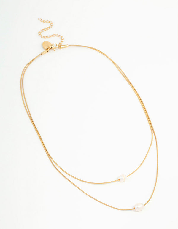 Beautifully crafted waterproof gold plated stainless steel layered pearl pendant necklace front view