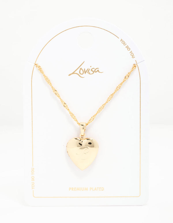 Showcasing a heart locket featuring initials letter B in gold plated pendant necklace close up view