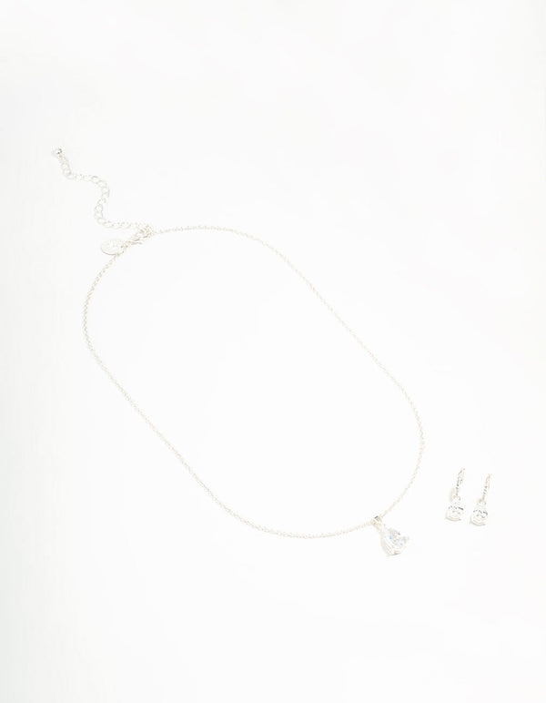Silver Plated Cubic Zirconia Teardrop Necklace & Earrings Set