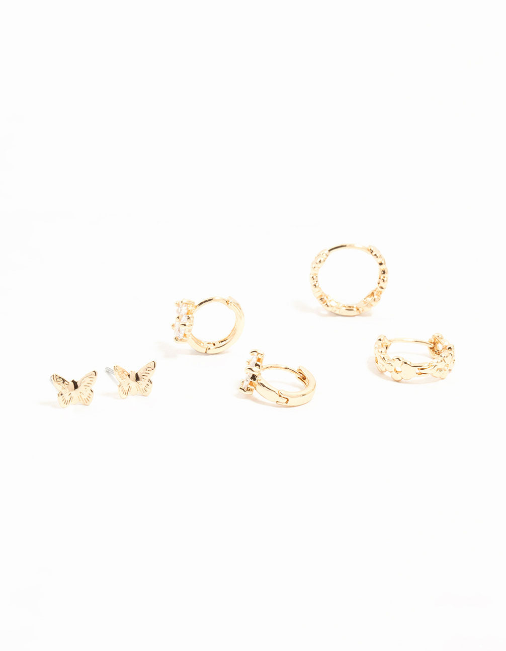 Gold Cubic Zirconia Butterfly Flower 3 Pack Earrings