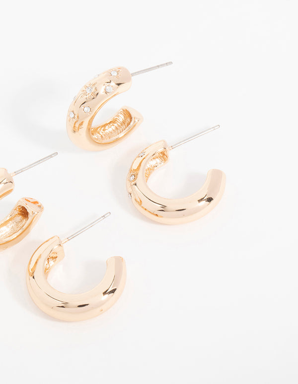 Gold Diamante Sun Detail Hoop Earrings 2-Pack