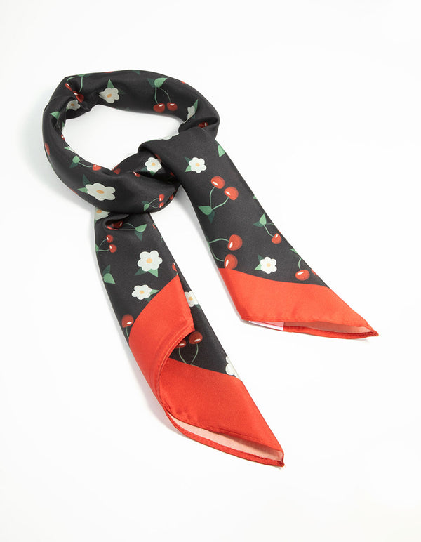 Red & Black Fabric Floral Cherry Scarf