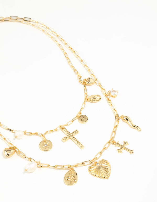 Gold Plated Freshwater Pearl, Cross & Heart Charm Necklace