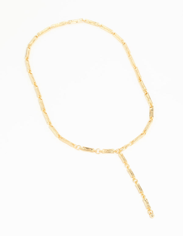 Gold Plated Rectangle & Hammered Y-Necklace