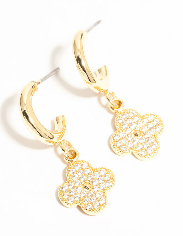 Elegant gold plated cubic zirconia flower drop earrings with floral design front view