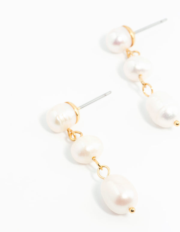 Gold Plated Freshwater Pearl Trio Drop Earrings