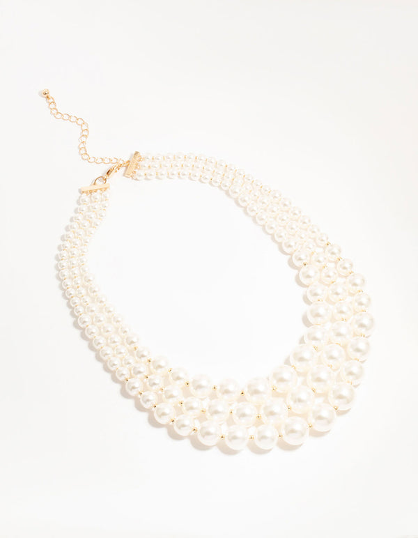 Gold Plated Pearl Triple Row Layered Necklace