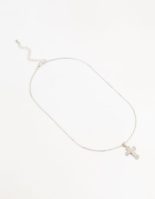 Silver Plated Mini Radiant Cubic Zirconia Cross Necklace