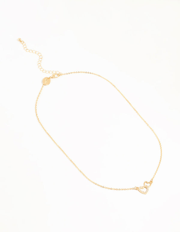 Gold Cubic Zirconia Open Double Heart Necklace