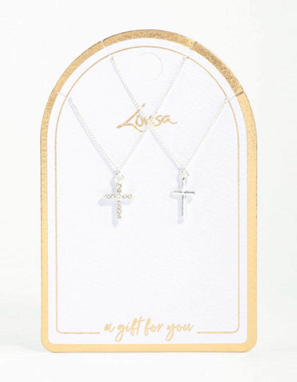 Silver Plain & Diamante Cross Pendant Necklaces 2-Pack