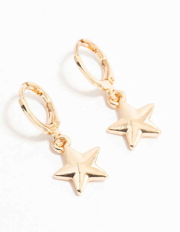 Gold Star Drop Hoop Earrings
