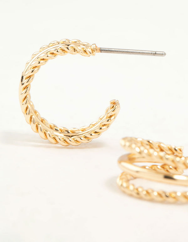 Gold Twisted and Plain Triple Huggie Earrings