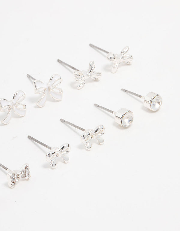 Silver Diamante & Bow Stud Earrings 8-Pack