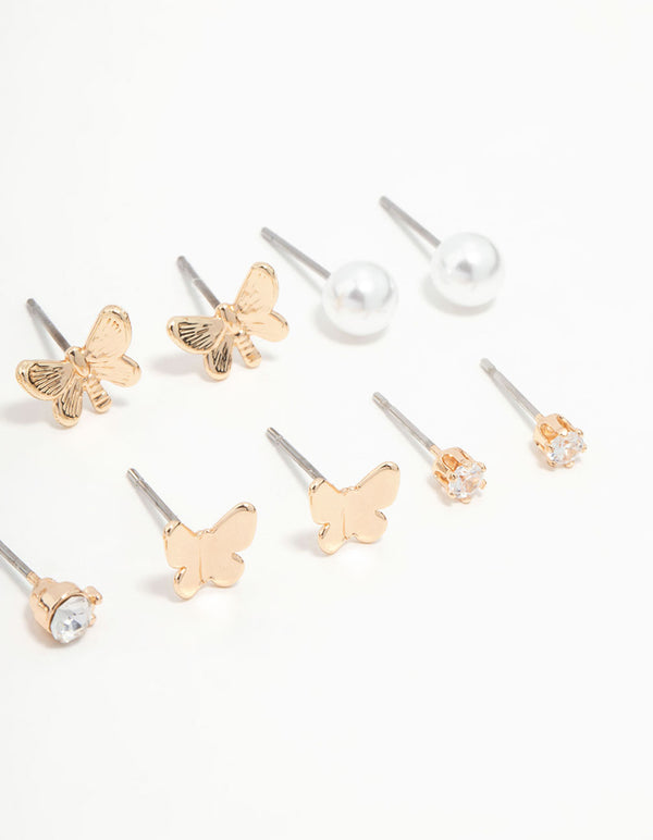 Gold Pearl, Diamante & Butterfly Stud Earrings 8-Pack