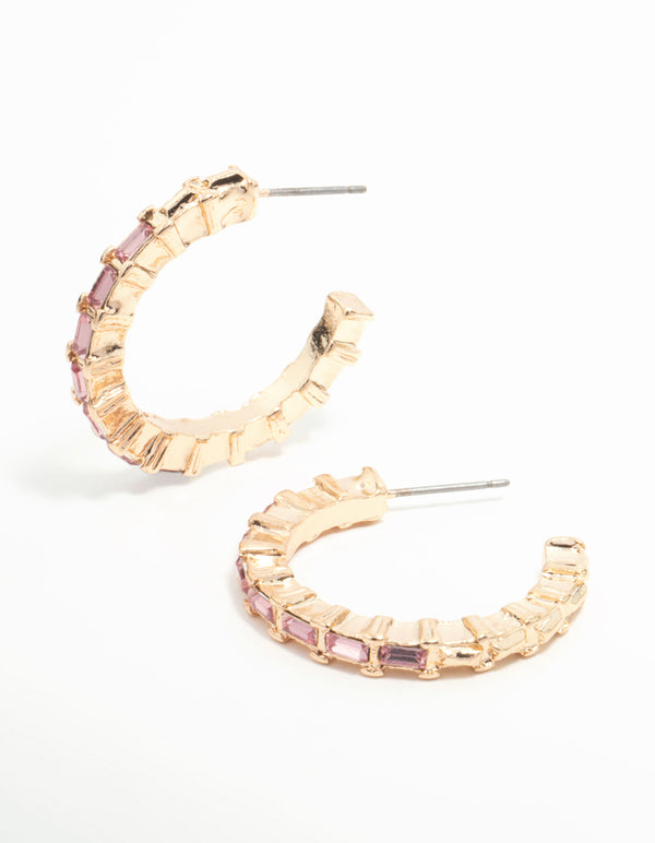 Gold Pink Baguette Diamante Hoop Earrings