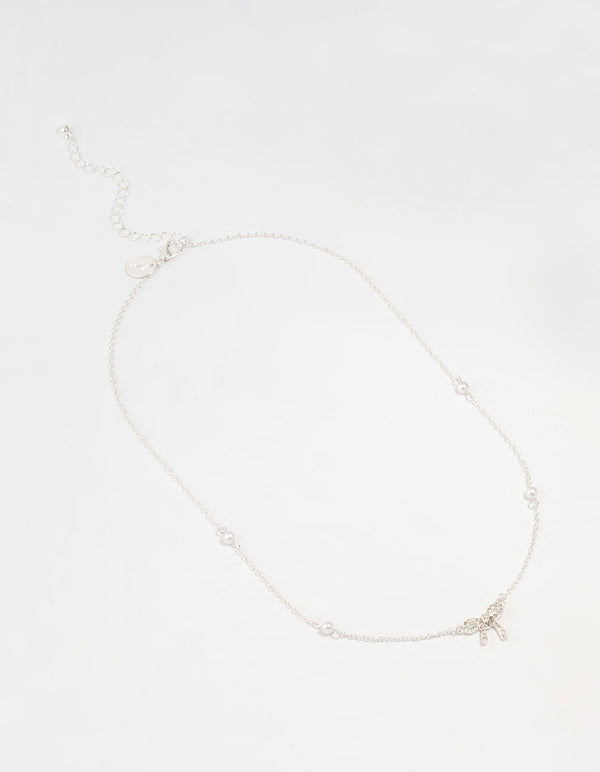 Silver Station Pearl Diamante Bow Necklace