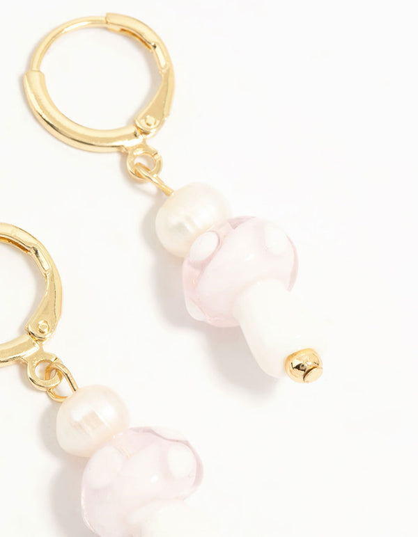 Gold Plated Pearl Beaded Mushroom Huggie Earrings