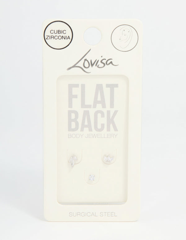 Surgical Steel Fan Double Cubic Zirconia Flat Back Studs 3-Pack