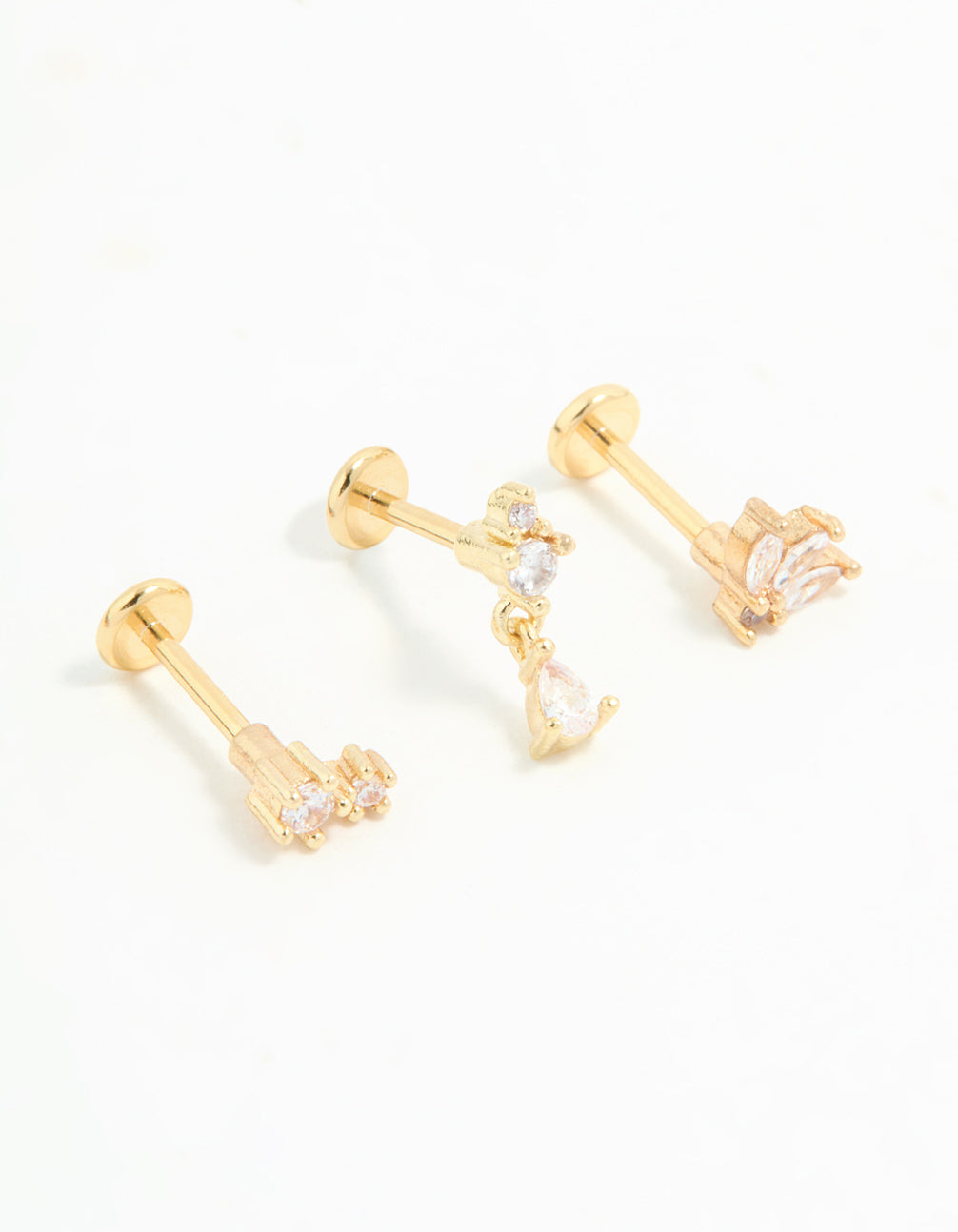 Gold Plated Surgical Steel Cubic Zirconia Triangular Flat Back Studs Pack