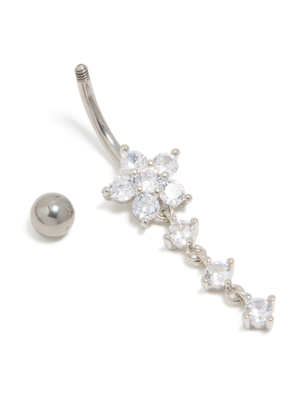 Crafted from titanium, this belly bar features & a floral charm with round cut cubic zirconia in silver and clear belly view