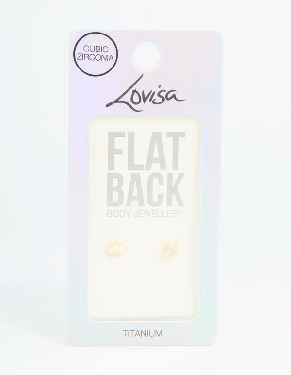 Gold Plated Titanium Cubic Zirconia Cluster Flat Back Studs 2-Pack