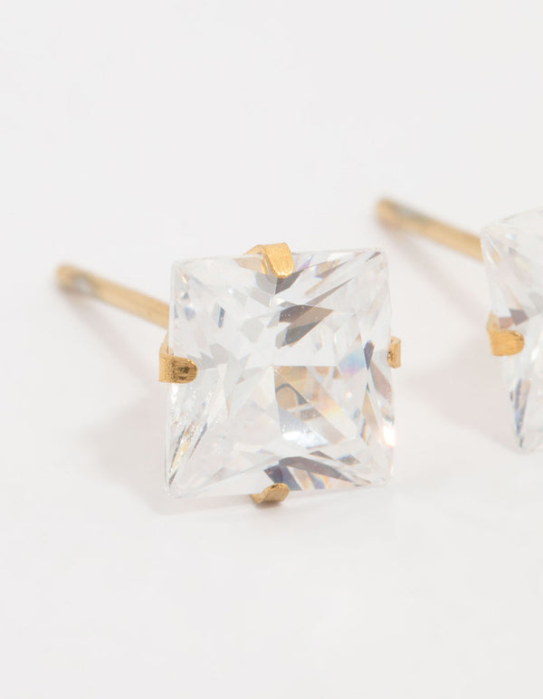 Stunning waterproof gold plated stainless steel princess cut cubic zirconia stud earrings close up view