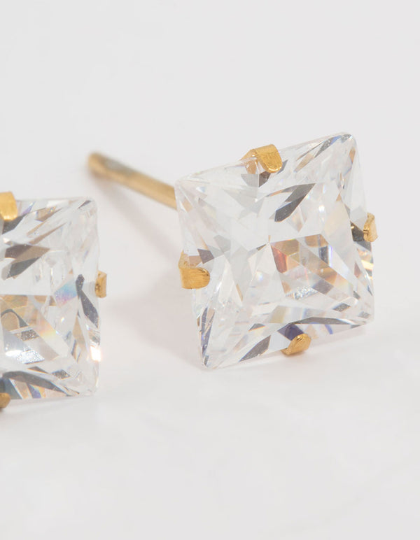 Exquisite waterproof gold plated stainless steel princess cut cubic zirconia stud earrings post detail view