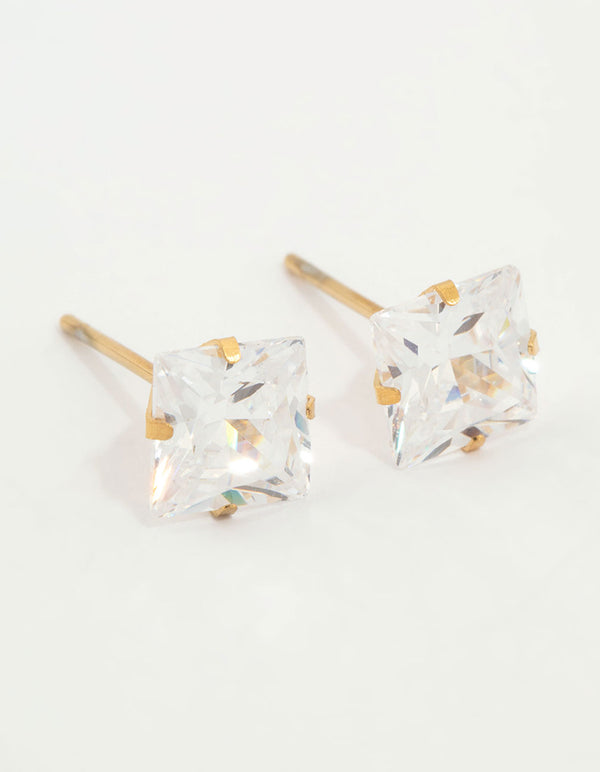 Beautifully crafted waterproof gold plated stainless steel princess cut cubic zirconia stud earrings front view