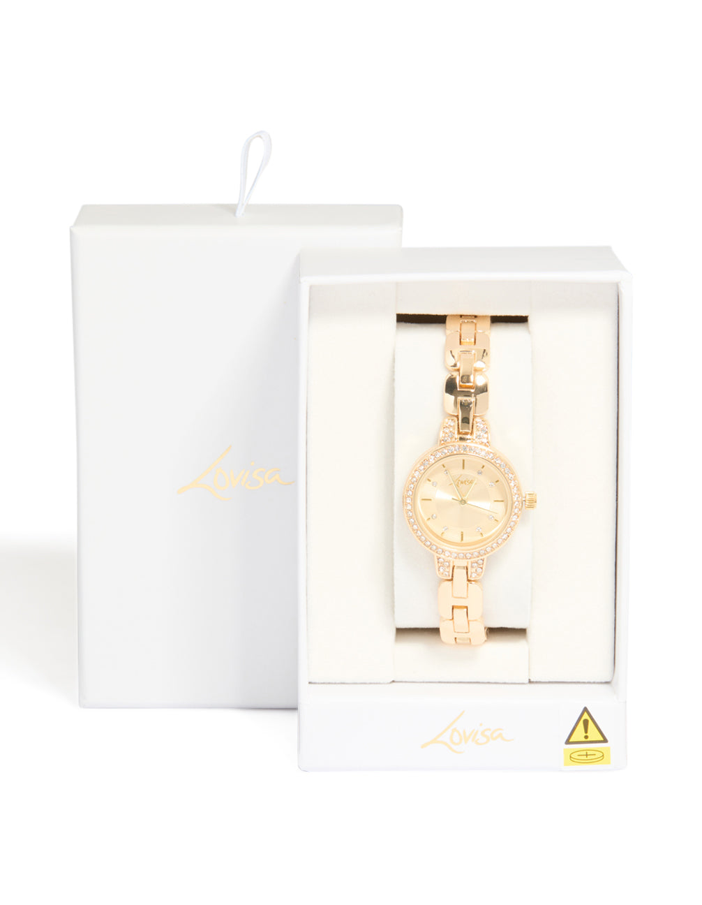 Beautifully presented a gold small diamante round strap watch featuring a gold dial with stones and link band for women's casual occasions in analog style, shown in packaging case detail view