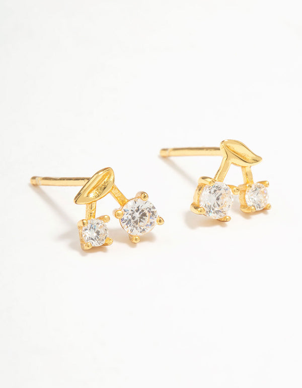 Gold Plated Sterling Silver Cubic Zirconia Cherry Stud Earrings