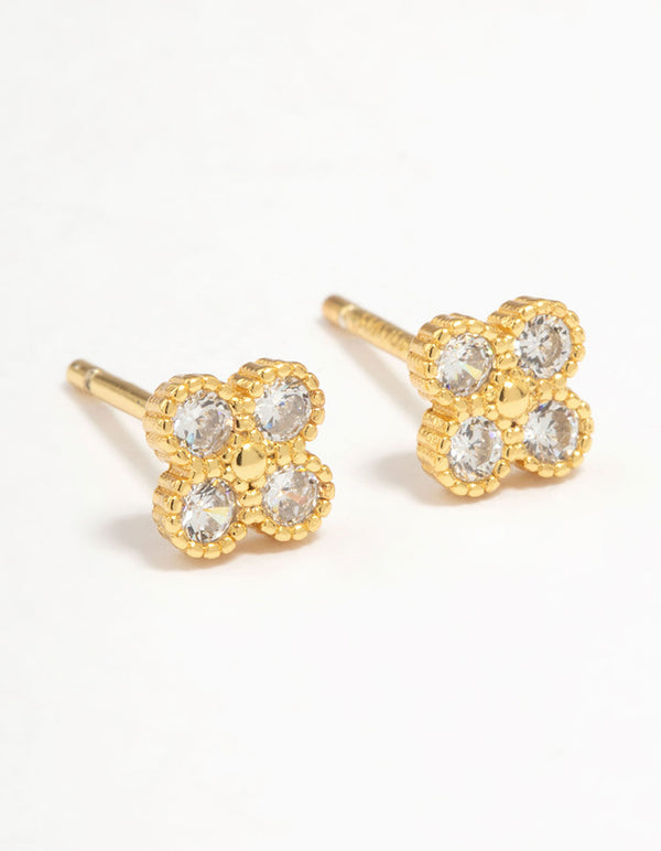 Gold Plated Sterling Silver Cubic Zirconia Flower Stud Earrings
