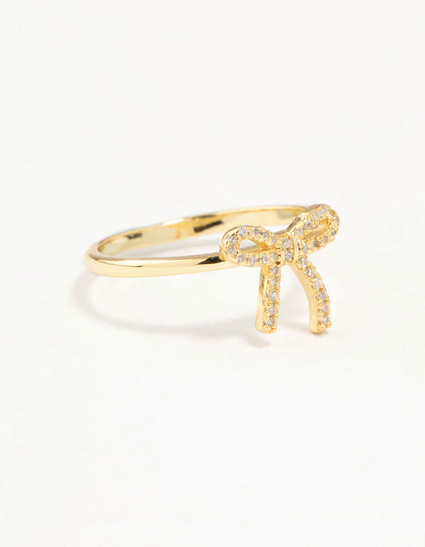 Beautifully crafted bow ring with cubic zirconia in gold plated sterling silver front view