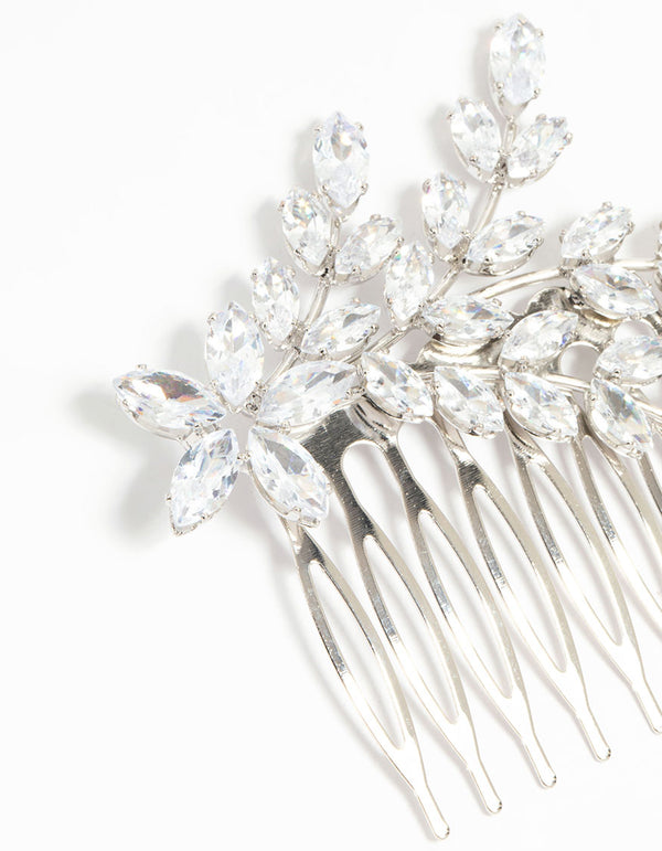 Silver Diamante Flower & Leaf Hair Comb