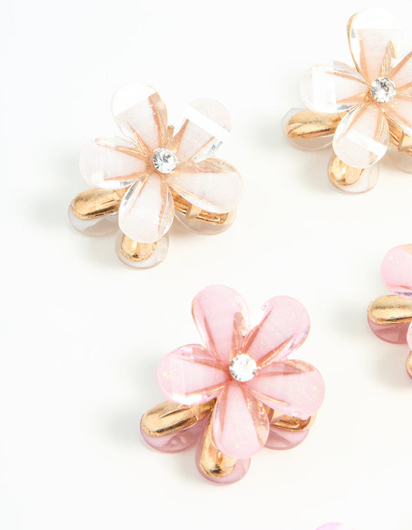Gold Pink Diamante Mini Flower Claw Clips 6-Pack