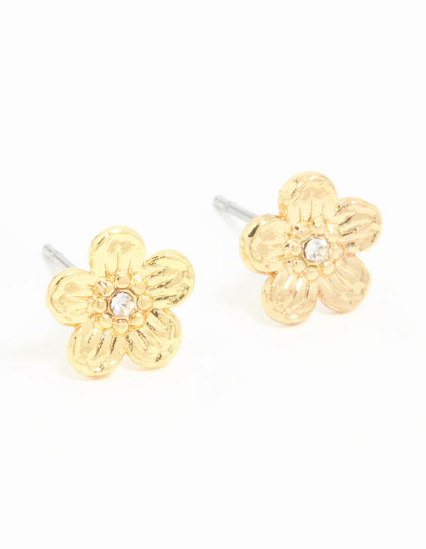 Gold Plated Surgical Steel Diamante Flower Stud Earrings