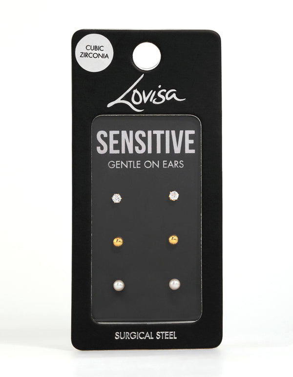 Gold Plated Surgical Steel Small Pearl & Cubic Zirconia Stud Earrings 3-Pack