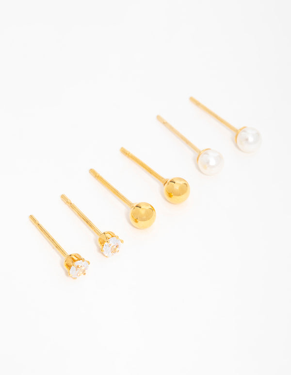 Gold Plated Surgical Steel Small Pearl & Cubic Zirconia Stud Earrings 3-Pack