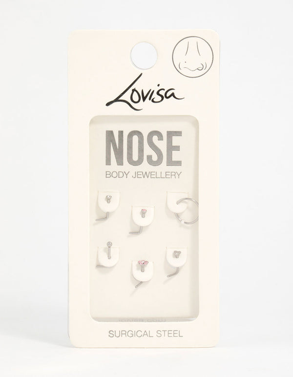 Surgical Steel Cubic Zirconia Flower & Heart Nose Piercing 6-Pack