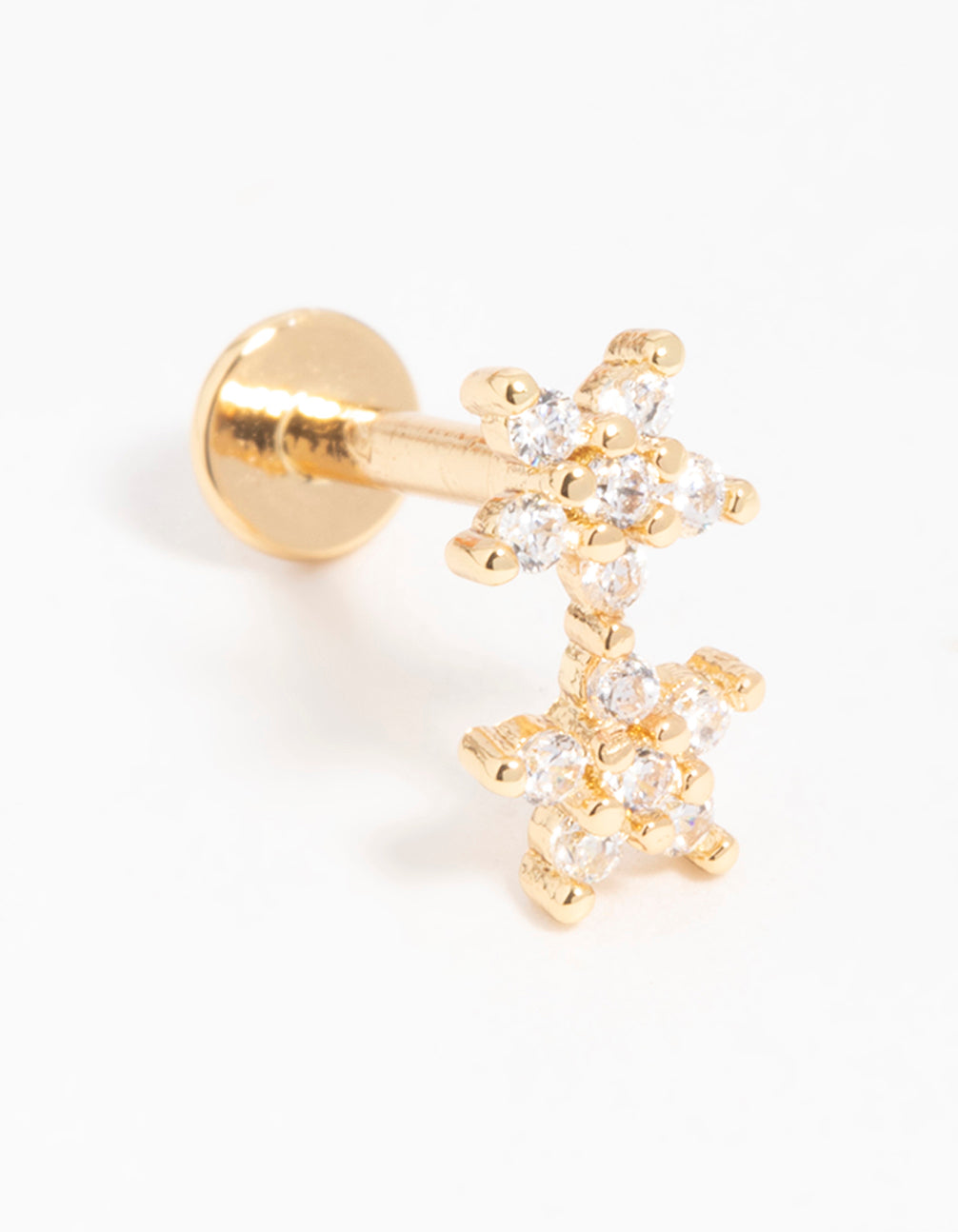 Gold Plated Surgical Steel Cubic Zirconia Double Star Flat Back Stud