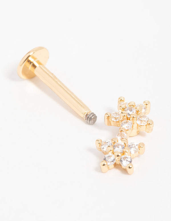 Gold Plated Surgical Steel Cubic Zirconia Double Star Flat Back Stud
