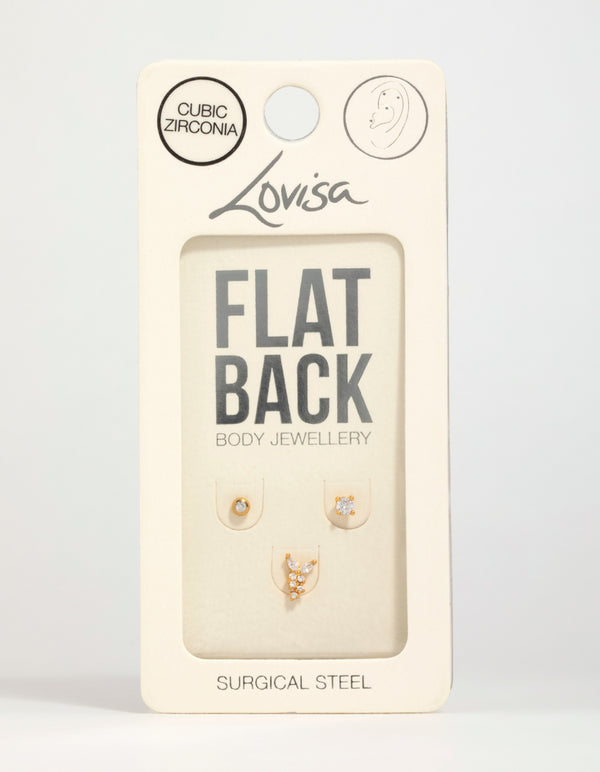 Gold Plated Surgical Steel Cubic Zirconia Butterfly Flat Back Studs 3-Pack