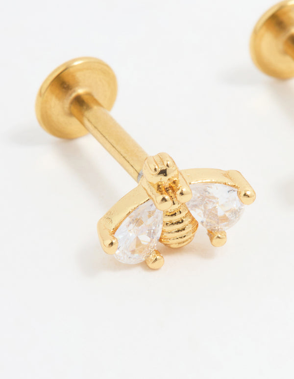 Gold Plated Surgical Steel Double Bee Cubic Zirconia Flat Back Studs